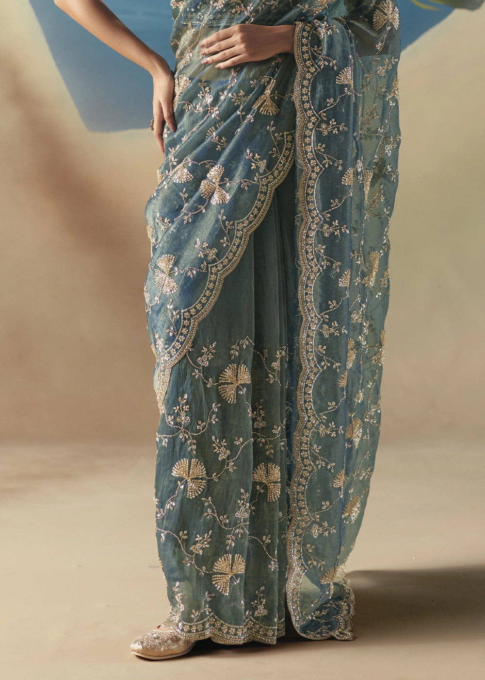 Stone Blue Satin Organza Saree with Elegant Sequin & Stone Detailing