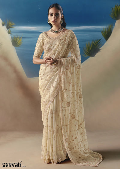 Cream White Satin Organza Saree with Elegant Sequin & Stone Detailing