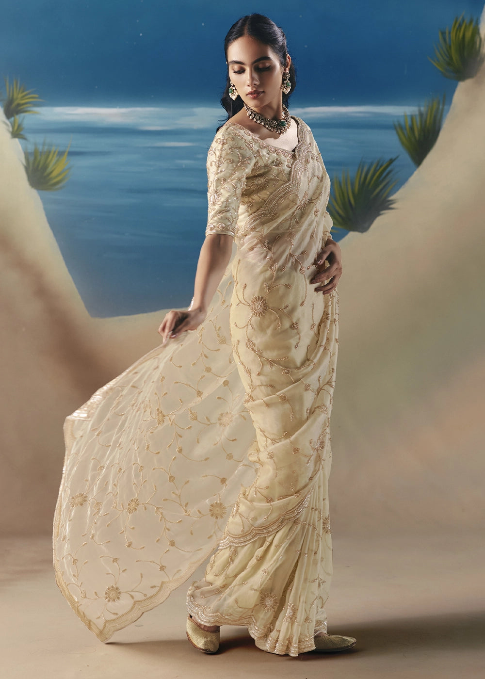 Cream White Satin Organza Saree with Elegant Sequin & Stone Detailing