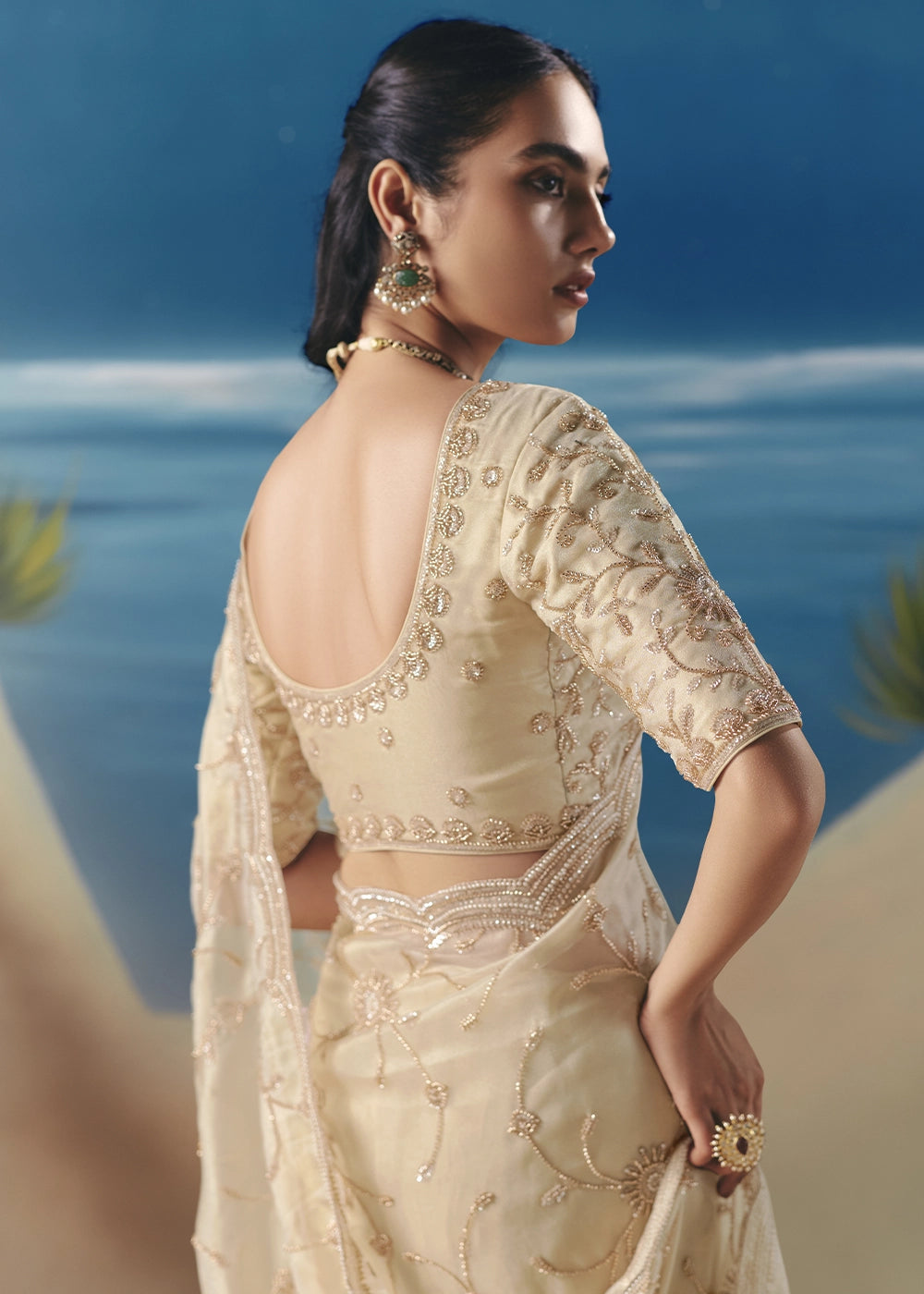 Cream White Satin Organza Saree with Elegant Sequin & Stone Detailing