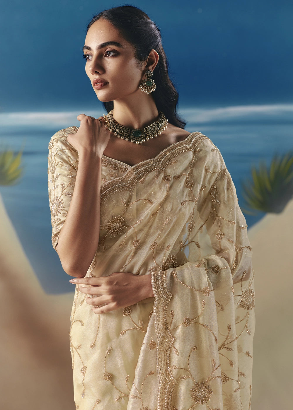 Cream White Satin Organza Saree with Elegant Sequin & Stone Detailing