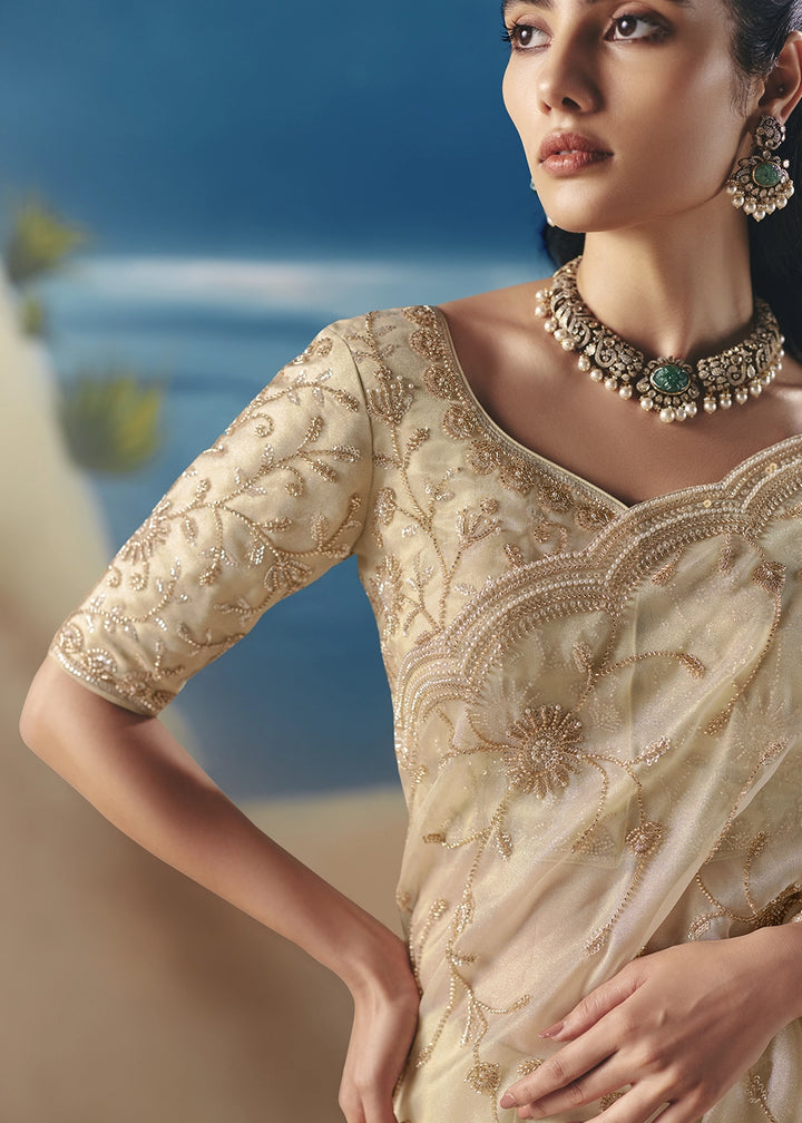 Cream White Satin Organza Saree with Elegant Sequin & Stone Detailing