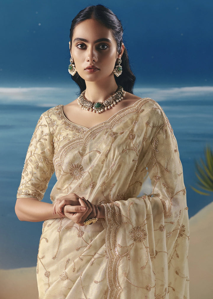 Cream White Satin Organza Saree with Elegant Sequin & Stone Detailing