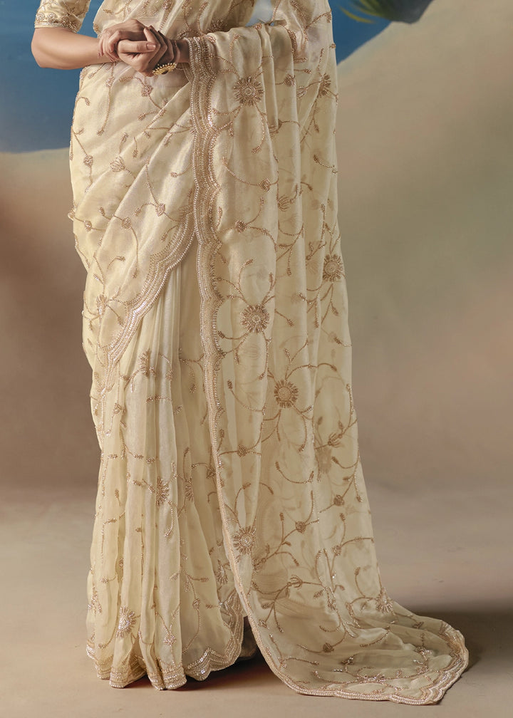 Cream White Satin Organza Saree with Elegant Sequin & Stone Detailing