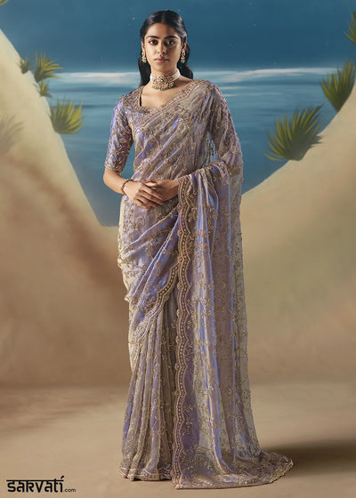 Light Purple Satin Organza Saree with Elegant Sequin & Stone Detailing