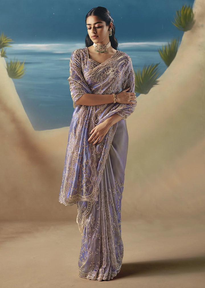Light Purple Satin Organza Saree with Elegant Sequin & Stone Detailing