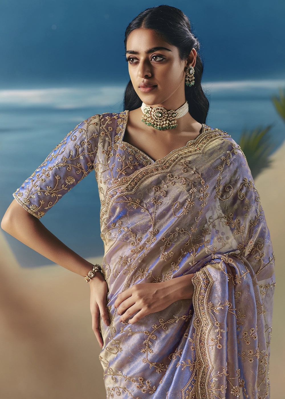 Light Purple Satin Organza Saree with Elegant Sequin & Stone Detailing