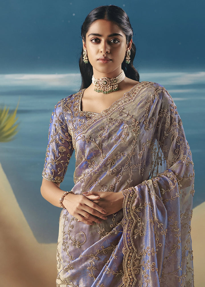 Light Purple Satin Organza Saree with Elegant Sequin & Stone Detailing