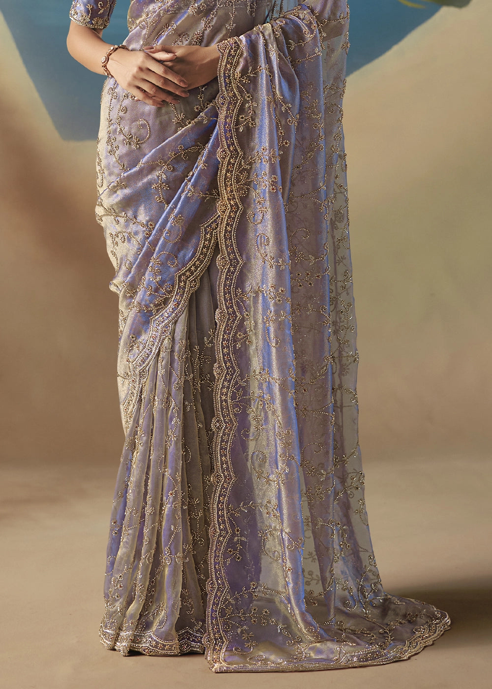 Light Purple Satin Organza Saree with Elegant Sequin & Stone Detailing