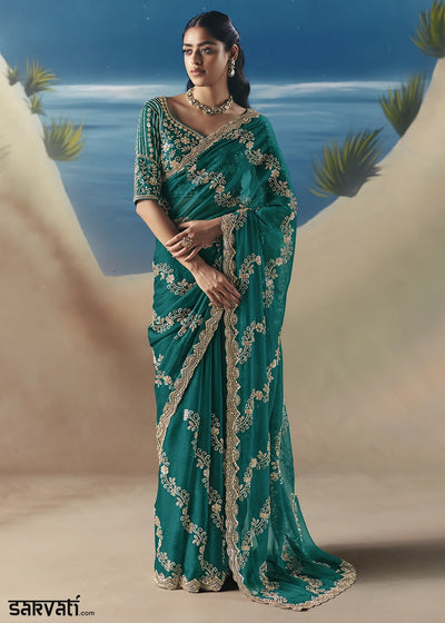 Teal Green Satin Organza Saree with Elegant Sequin & Stone Detailing