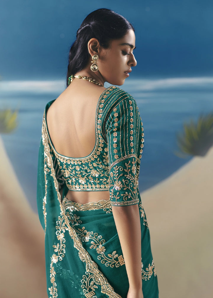 Teal Green Satin Organza Saree with Elegant Sequin & Stone Detailing