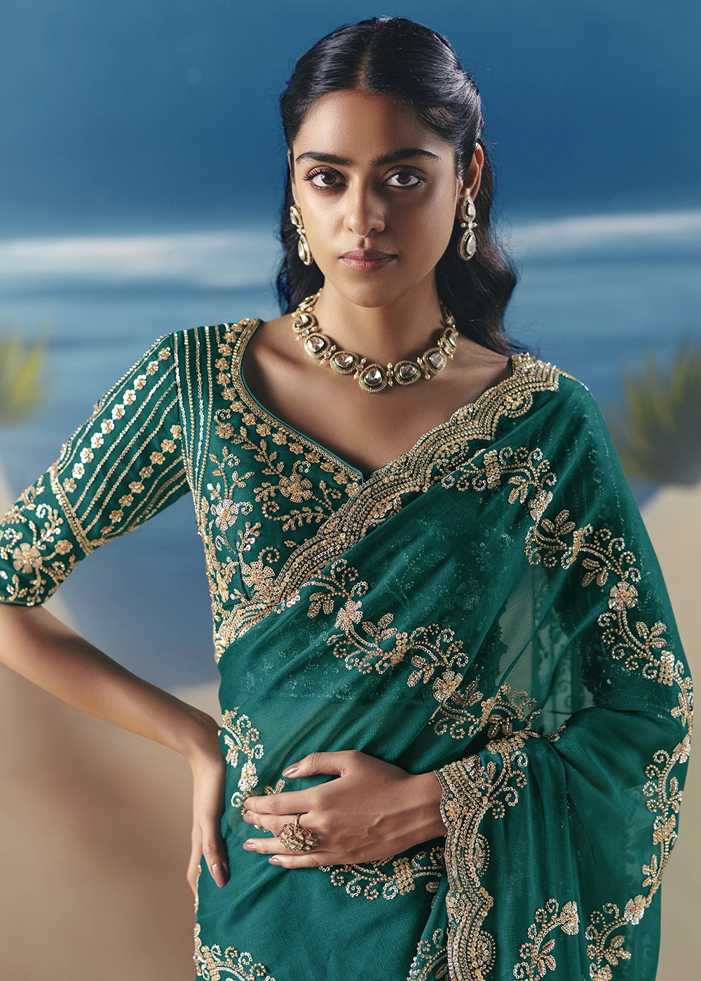 Teal Green Satin Organza Saree with Elegant Sequin & Stone Detailing
