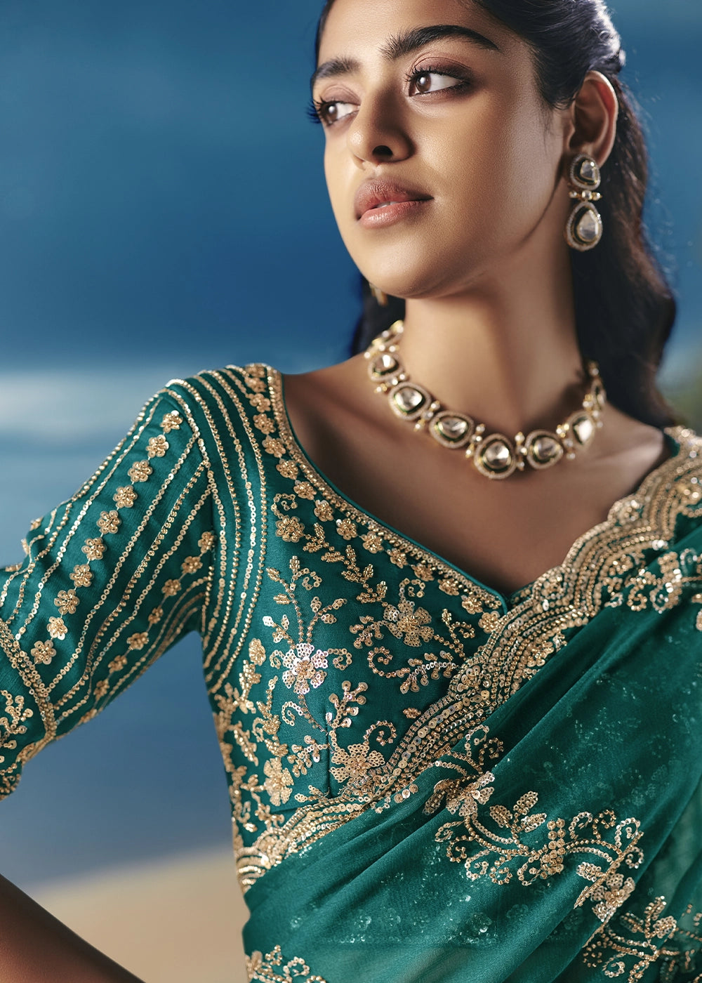 Teal Green Satin Organza Saree with Elegant Sequin & Stone Detailing