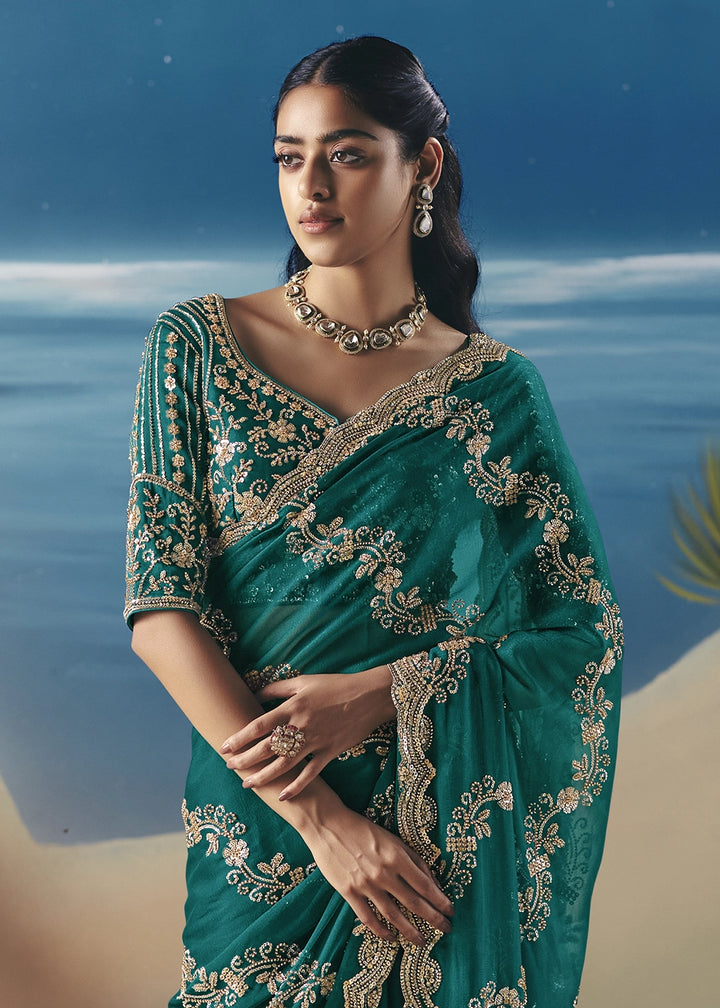 Teal Green Satin Organza Saree with Elegant Sequin & Stone Detailing