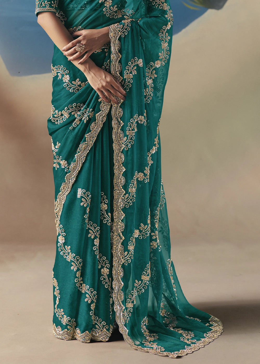 Teal Green Satin Organza Saree with Elegant Sequin & Stone Detailing