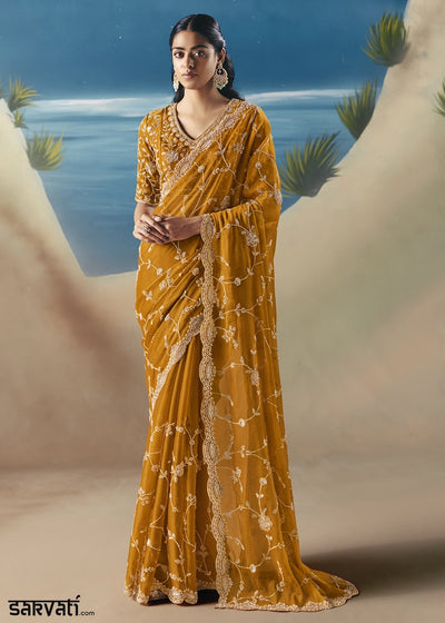 Ochre Yellow Satin Organza Saree with Elegant Sequin & Stone Detailing