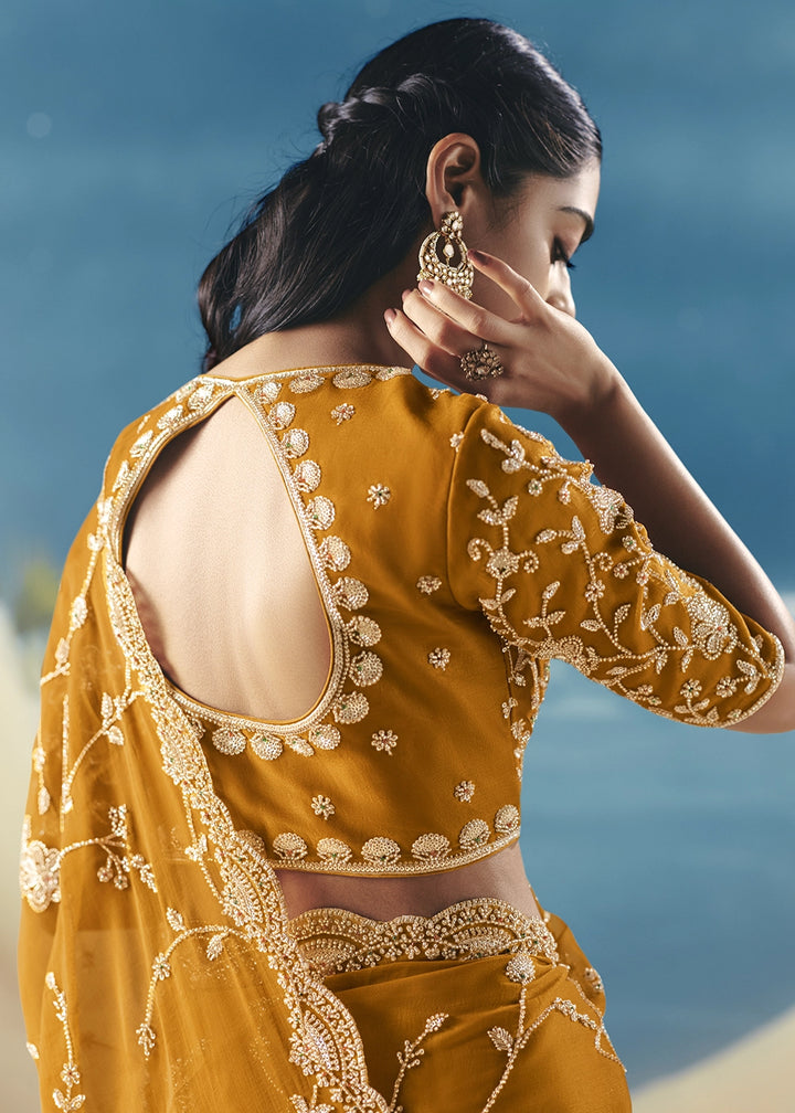 Ochre Yellow Satin Organza Saree with Elegant Sequin & Stone Detailing