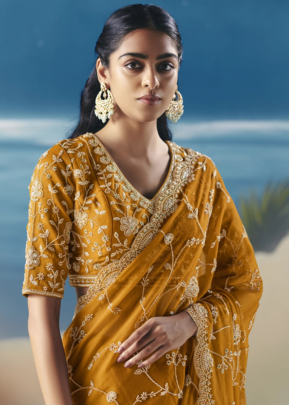 Ochre Yellow Satin Organza Saree with Elegant Sequin & Stone Detailing