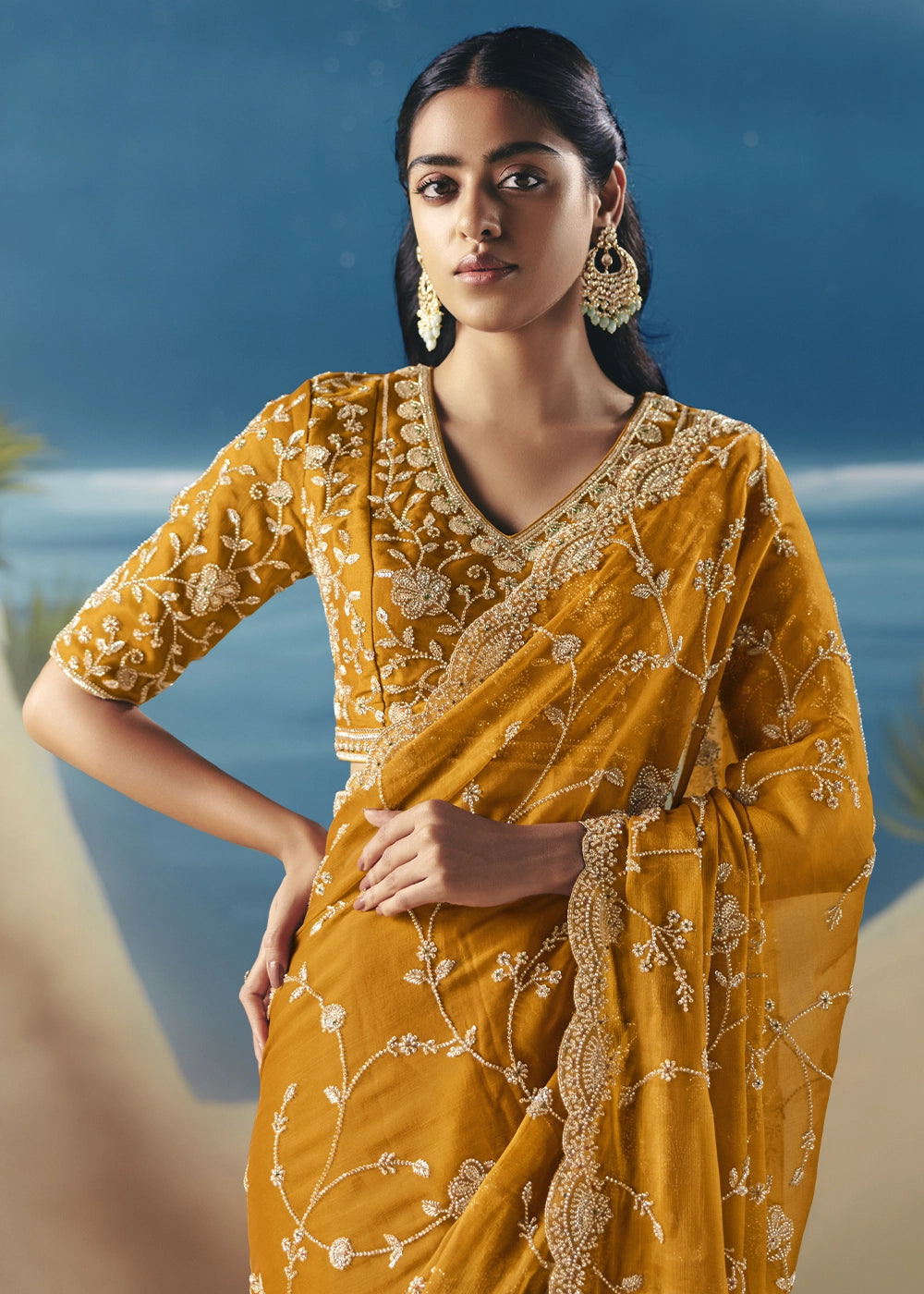 Ochre Yellow Satin Organza Saree with Elegant Sequin & Stone Detailing