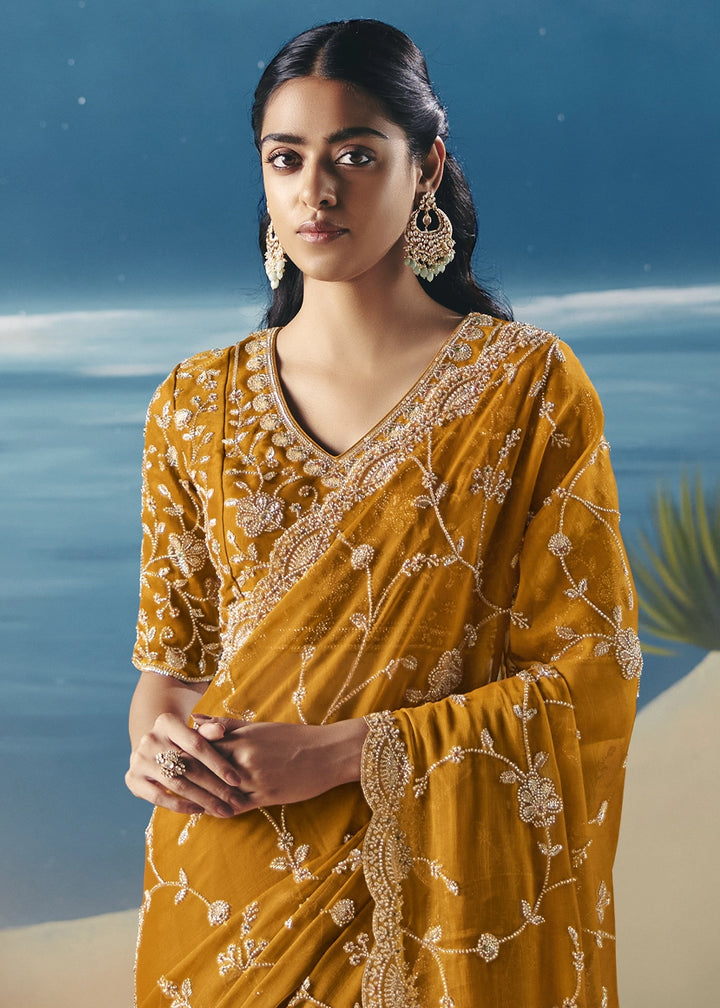 Ochre Yellow Satin Organza Saree with Elegant Sequin & Stone Detailing