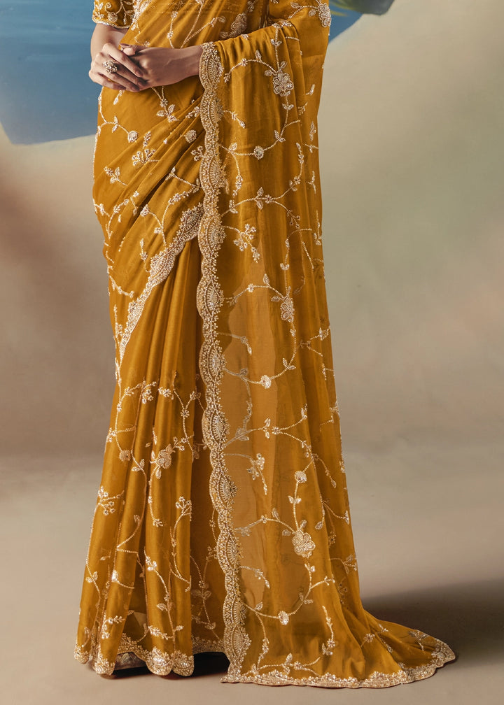 Ochre Yellow Satin Organza Saree with Elegant Sequin & Stone Detailing
