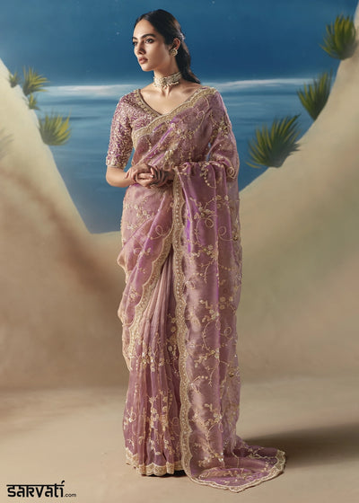 Pinkish Purple Satin Organza Saree with Elegant Sequin & Stone Detailing