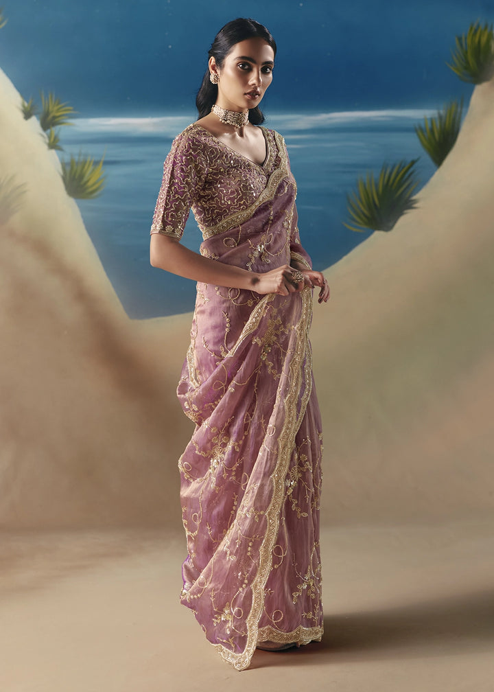 Pinkish Purple Satin Organza Saree with Elegant Sequin & Stone Detailing