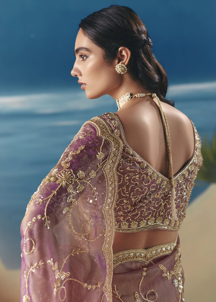 Pinkish Purple Satin Organza Saree with Elegant Sequin & Stone Detailing