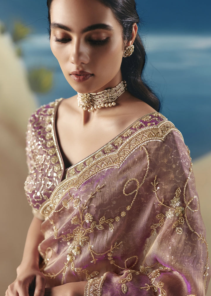 Pinkish Purple Satin Organza Saree with Elegant Sequin & Stone Detailing