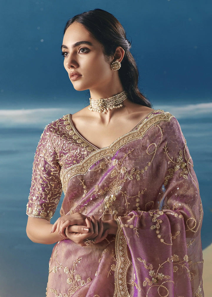 Pinkish Purple Satin Organza Saree with Elegant Sequin & Stone Detailing