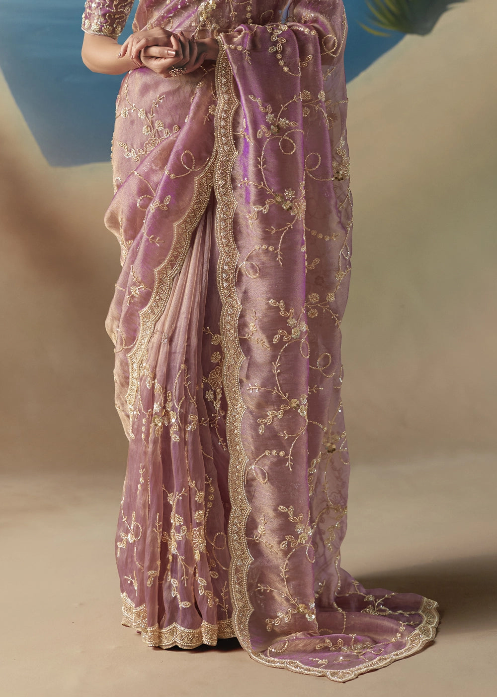 Pinkish Purple Satin Organza Saree with Elegant Sequin & Stone Detailing