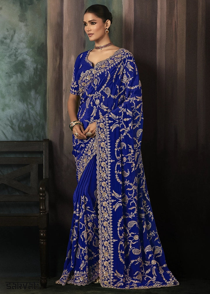 Admiral Blue Embroidered Satin Crepe Saree with Aari Detailing
