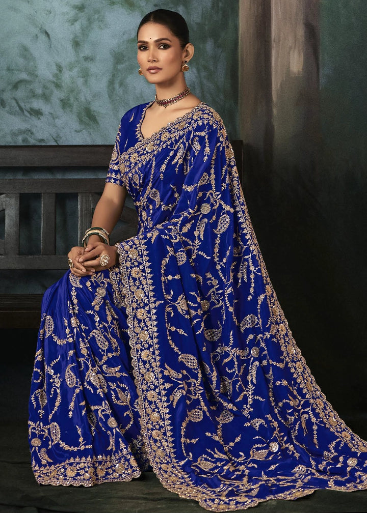 Admiral Blue Embroidered Satin Crepe Saree with Aari Detailing