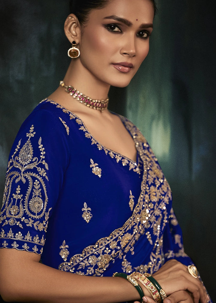 Admiral Blue Embroidered Satin Crepe Saree with Aari Detailing