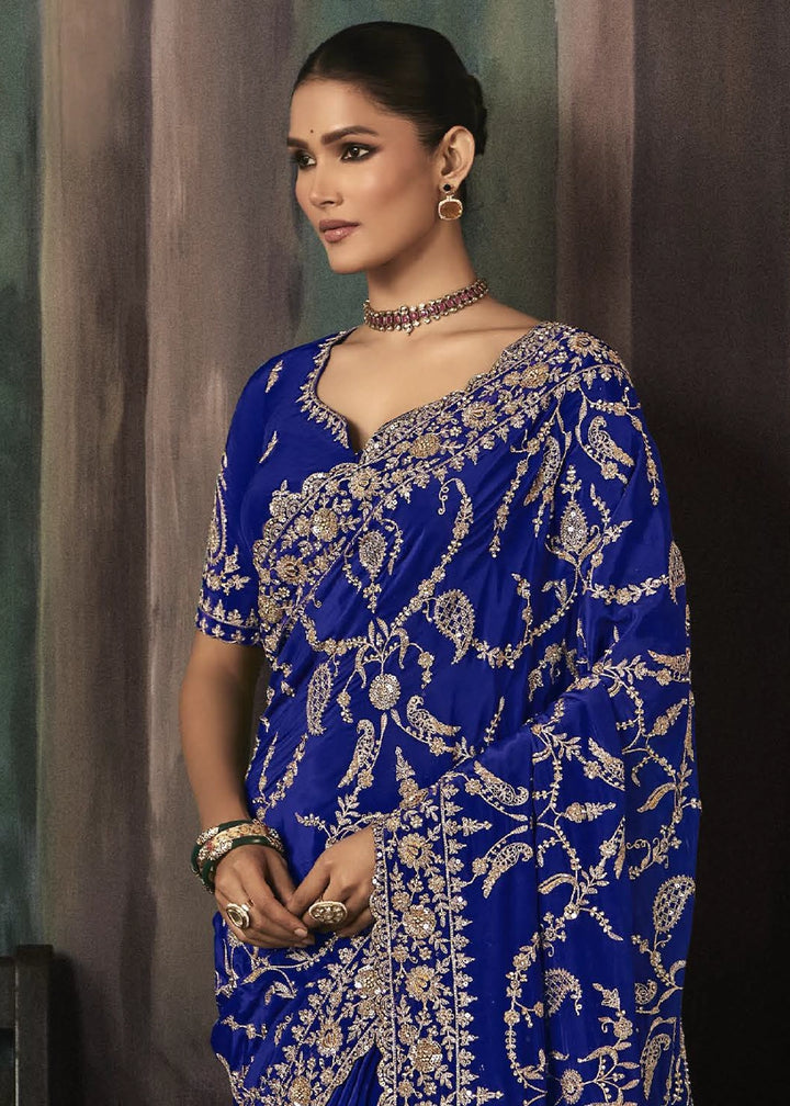 Admiral Blue Embroidered Satin Crepe Saree with Aari Detailing