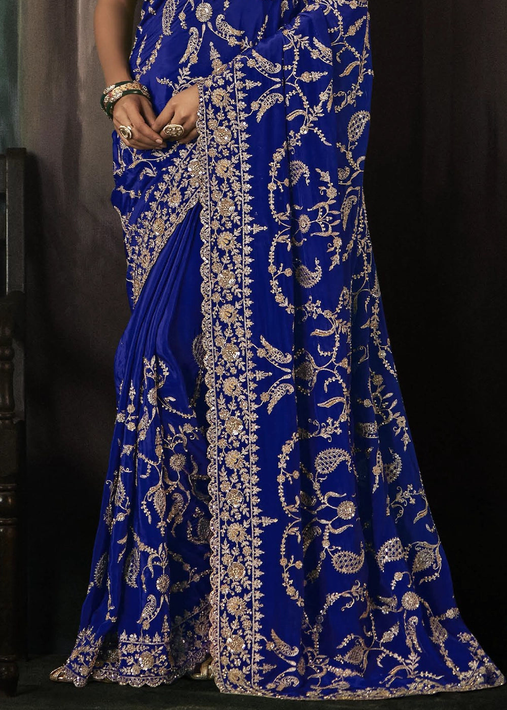 Admiral Blue Embroidered Satin Crepe Saree with Aari Detailing