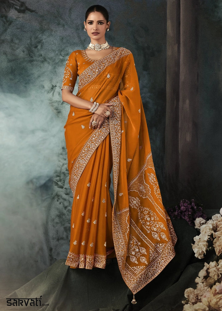 Yam Orange Embroidered Satin Crepe Saree with Aari Detailing