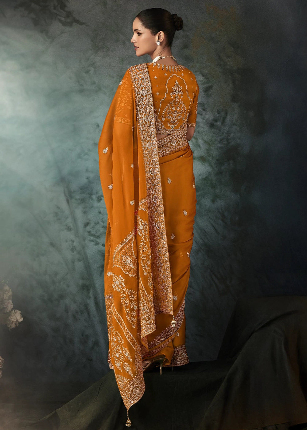 Yam Orange Embroidered Satin Crepe Saree with Aari Detailing