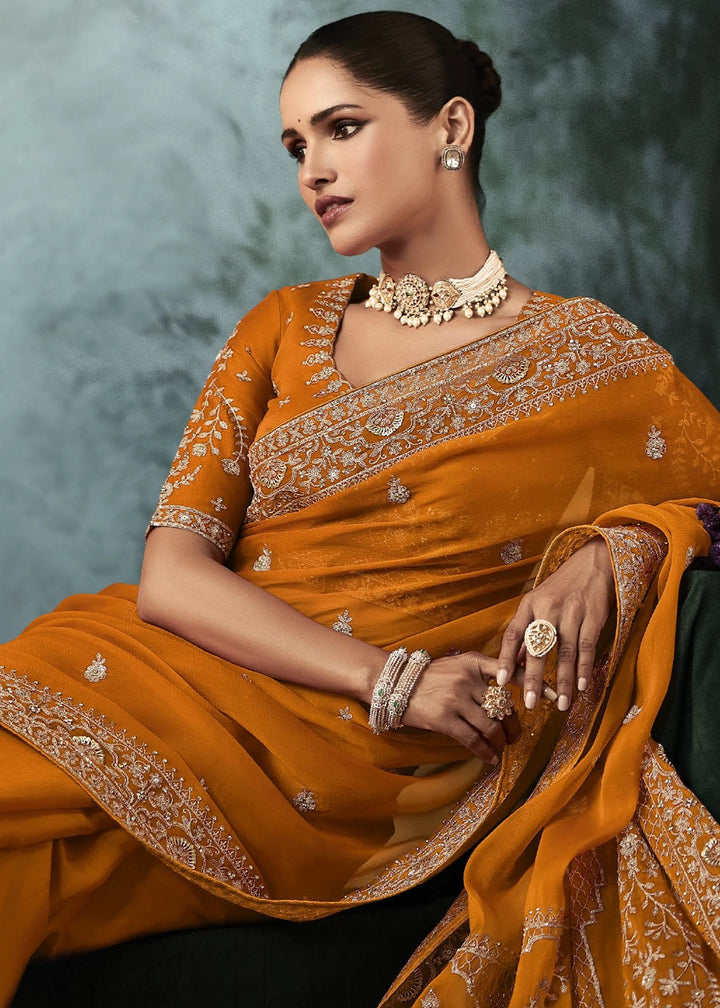 Yam Orange Embroidered Satin Crepe Saree with Aari Detailing