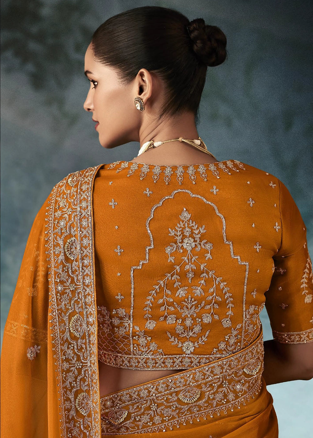 Yam Orange Embroidered Satin Crepe Saree with Aari Detailing