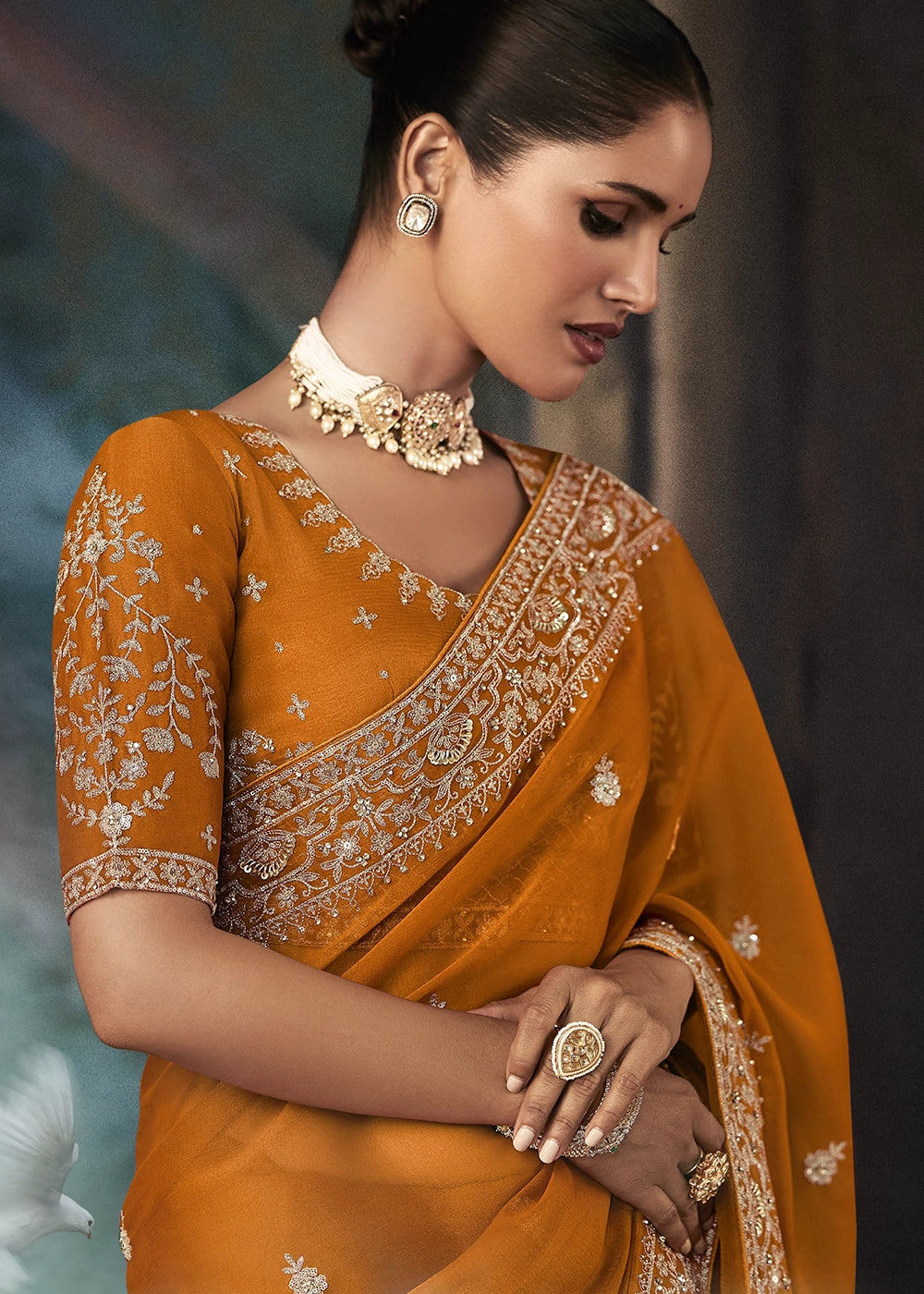 Yam Orange Embroidered Satin Crepe Saree with Aari Detailing