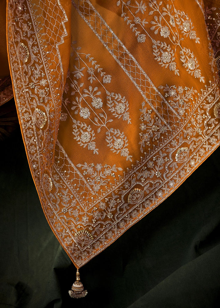 Yam Orange Embroidered Satin Crepe Saree with Aari Detailing