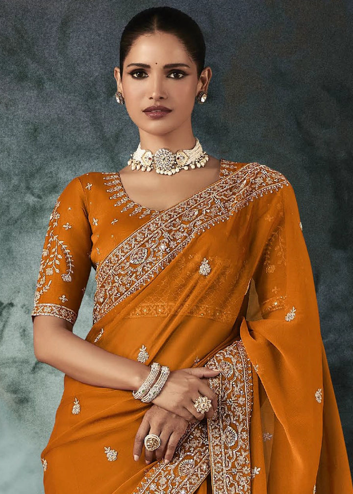 Yam Orange Embroidered Satin Crepe Saree with Aari Detailing