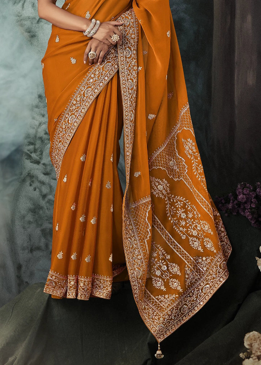 Yam Orange Embroidered Satin Crepe Saree with Aari Detailing