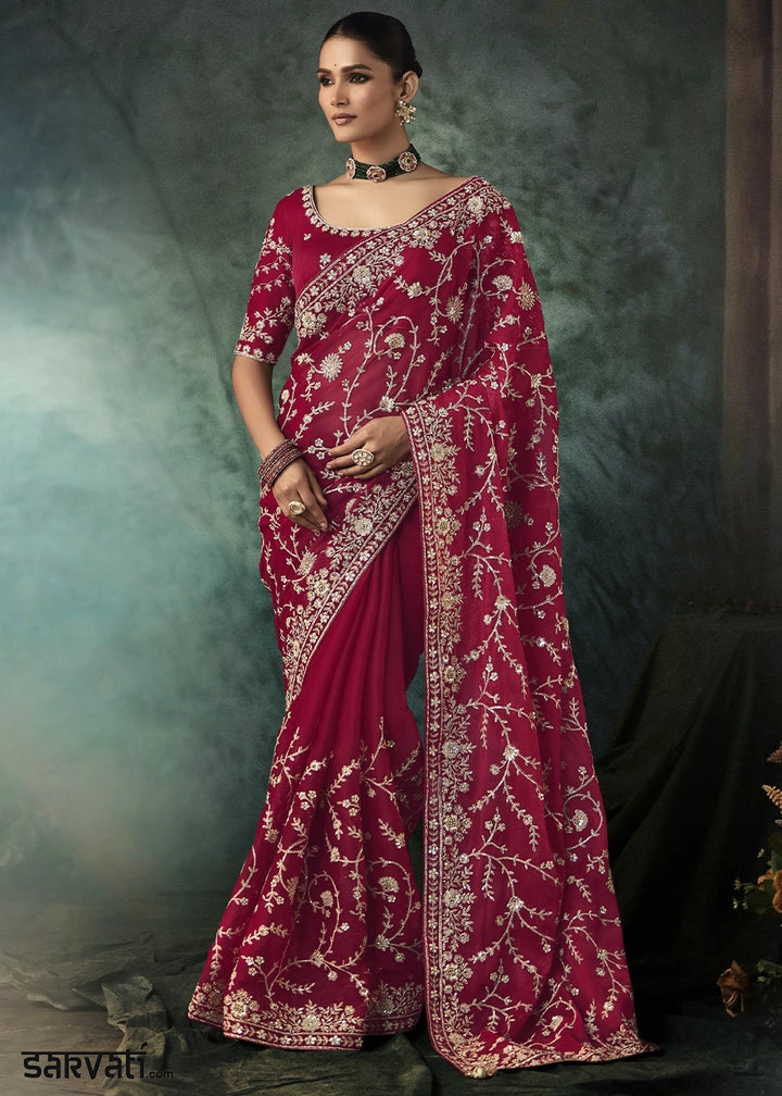 Ruby Pink Embroidered Satin Crepe Saree with Aari Detailing