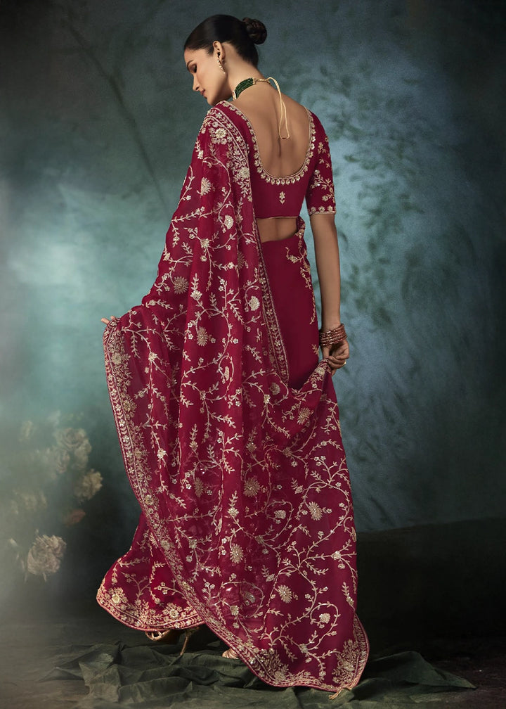 Ruby Pink Embroidered Satin Crepe Saree with Aari Detailing