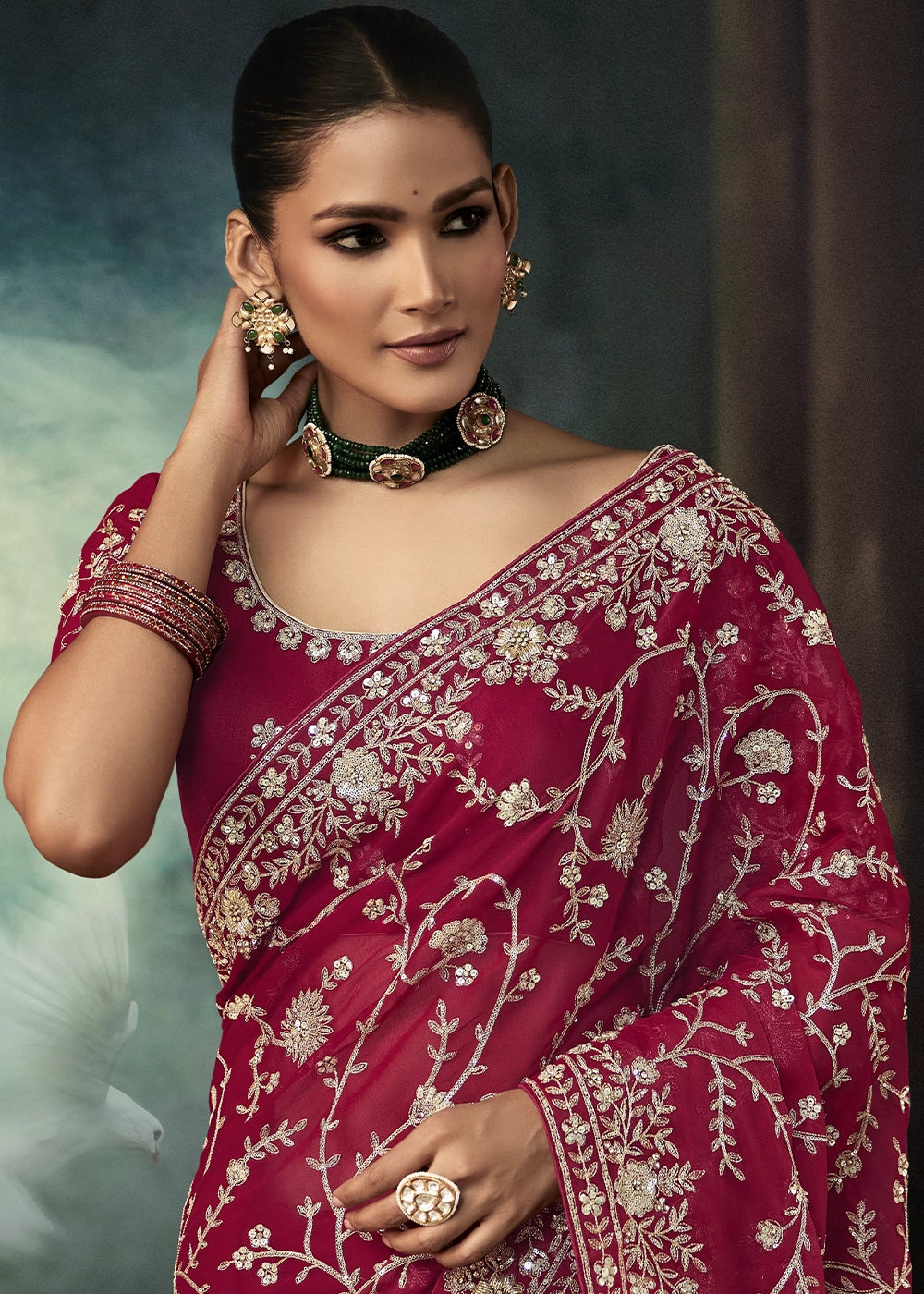 Ruby Pink Embroidered Satin Crepe Saree with Aari Detailing