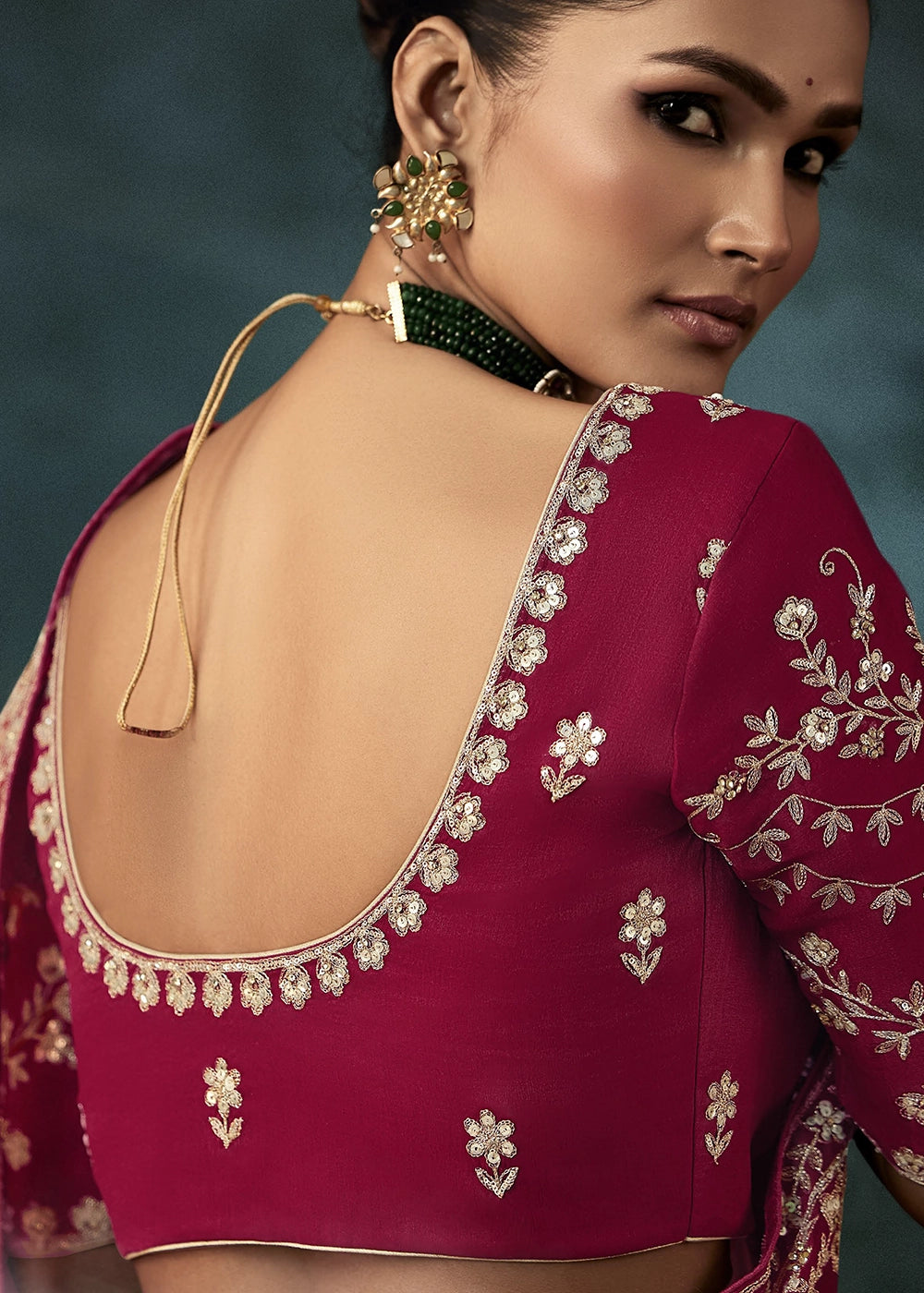 Ruby Pink Embroidered Satin Crepe Saree with Aari Detailing