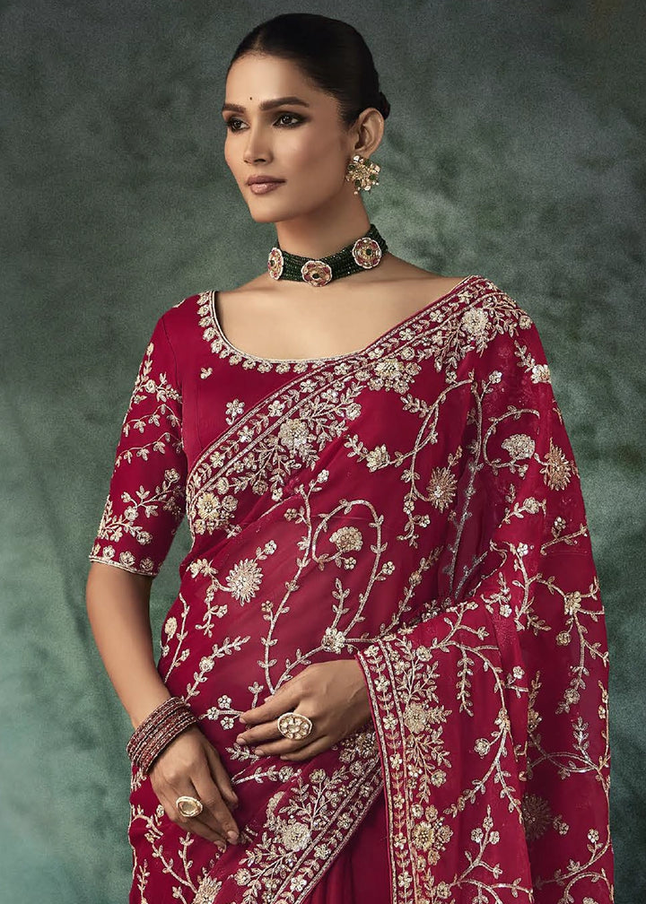 Ruby Pink Embroidered Satin Crepe Saree with Aari Detailing