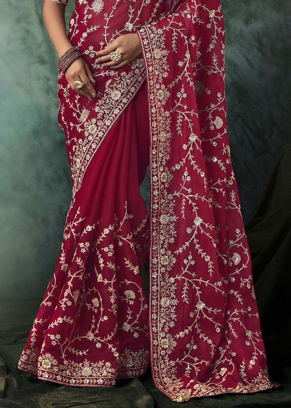 Ruby Pink Embroidered Satin Crepe Saree with Aari Detailing